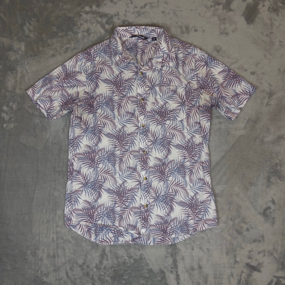 TravisMathew Button Down Shirt Mens M White Blue Purple Palm Leaf Tropical Shirt